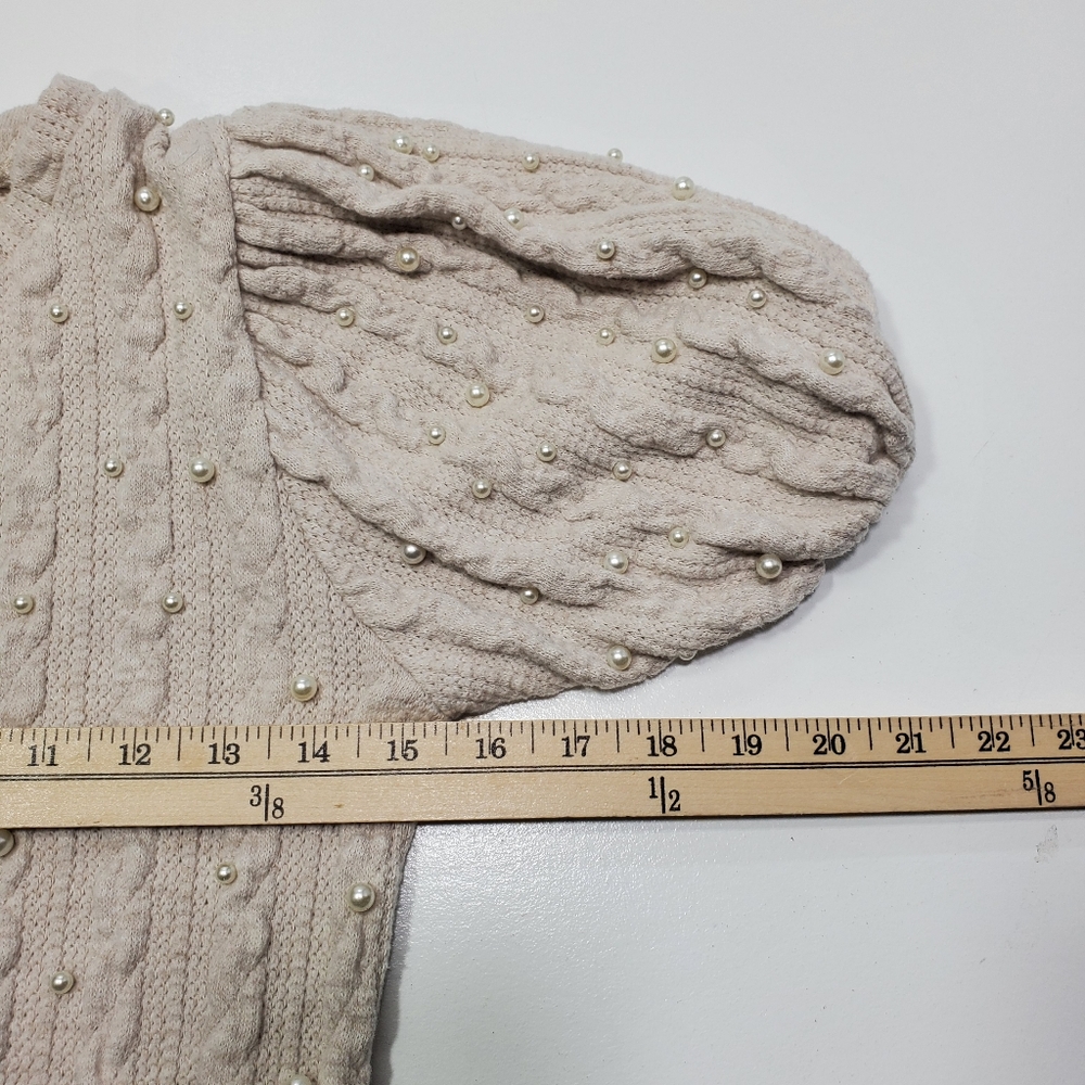 Zara Top women Puff Sleeves Knit Sweater Cream Textured Pearls Medium Preppy - Picture 6 of 8